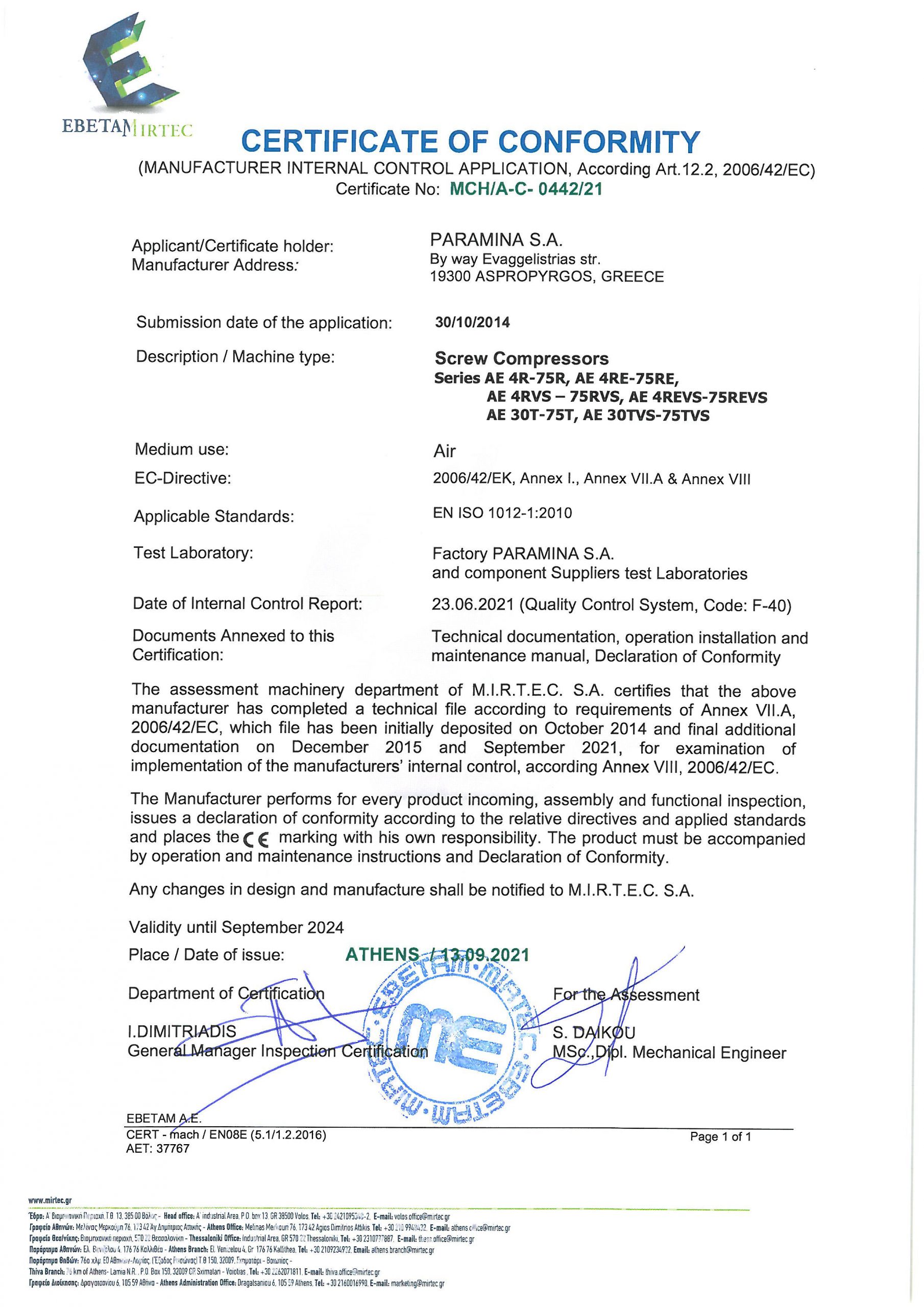Screw Compressor CE certificate MCH_0442_21